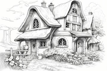 A charming cottage nestled in a peaceful countryside, line drawing, no background, no detail, no color.