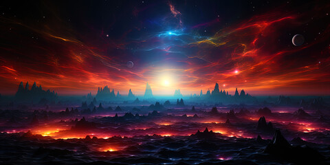 A hypnotic planet with an atmosphere refracting light into multi colored rays resembling a rai
