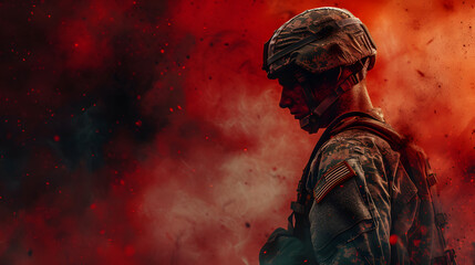 Obraz premium Special operations forces soldier in military ammunition covered with smoke. Concept of defense, war, weapons and protection