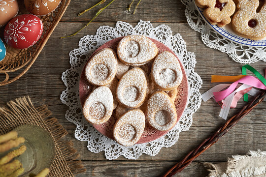 Egg shaped Linzer cookies baked for Easter
