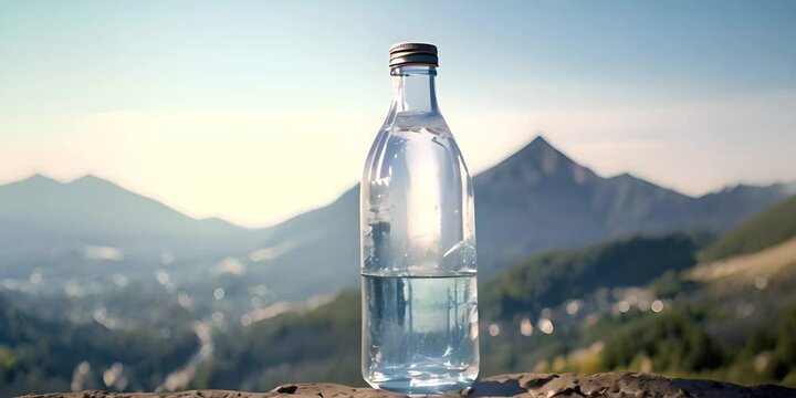 Pure mineral water in a glass bottle. Clean liquid on mountain background. 4K Video