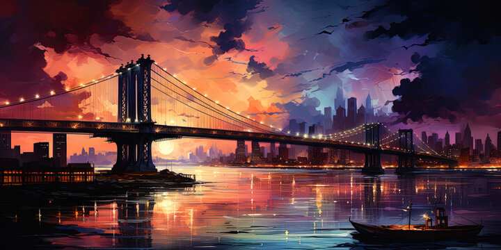 A night city landscape with a watercolor bridge, where the harmony of multi colored lights creates