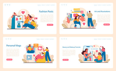 Obraz na płótnie Canvas Visual Content set. Influencers sharing fashion, artistry, personal stories, and beauty tips. Engaging with audiences through style, creativity, and self-expression. Flat vector illustration.