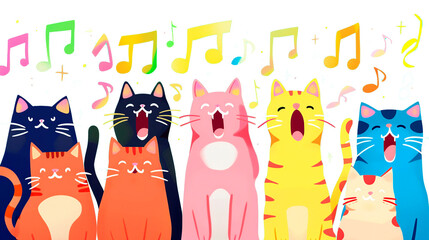 Illustration of a group of cats singing and dancing with music notes