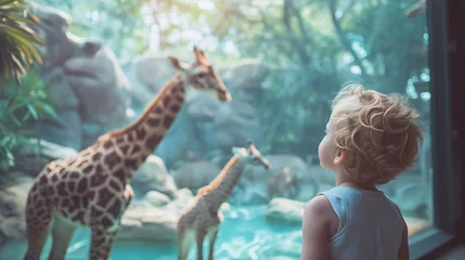 Gardinen A child looks at a giraffe in a zoo. Introducing a child to the world of wild nature. © savvalinka
