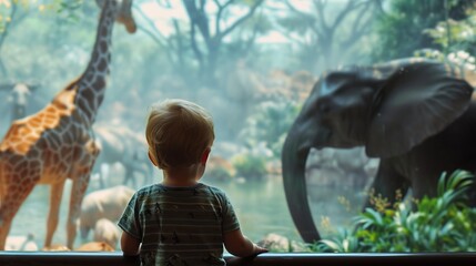 A child stands against the backdrop of an enclosure with an elephant and a giraffe at the zoo....