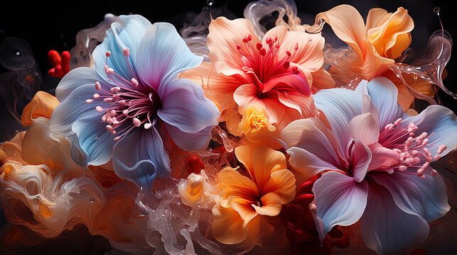 A photograph of an abstract picture where jets of flowers create a feeling of free current and int
