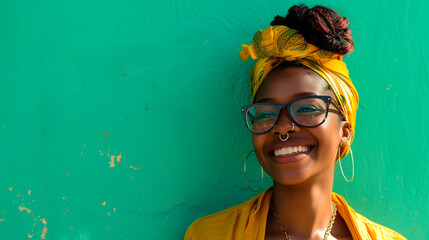 Portrait of young smiling afro woman with glasses and nose piercings over green wall with copy space - Powered by Adobe