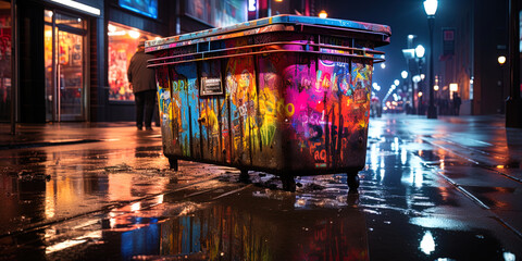 A photograph of a neon garbage container, brightly sparkling in night darkness, gives an urban env - obrazy, fototapety, plakaty