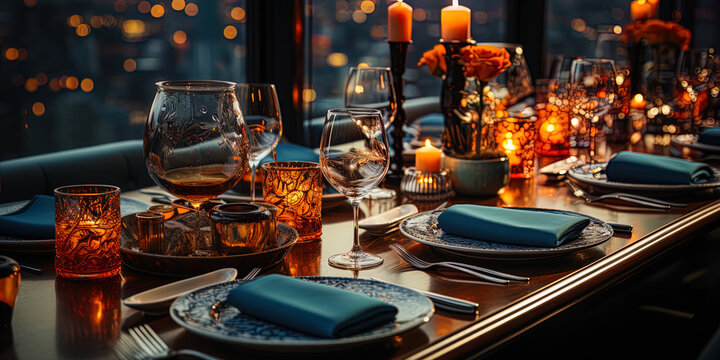 A photograph of a luxurious table in a restaurant with a view of the city panorama, where every de