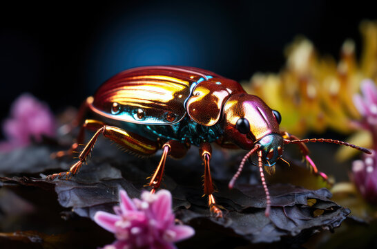Scarab, close-up, bright colors, and flower