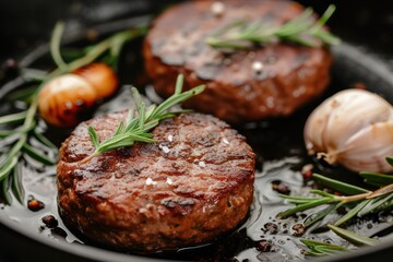 Extreme close up of a cooking pan with two grilled burger meats, a garlic clove and a rosemary stick.  - Powered by Adobe