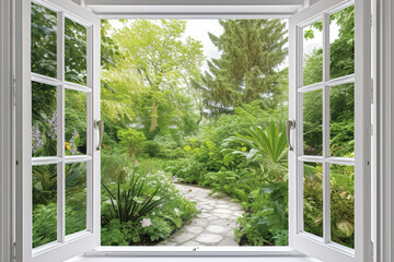 Serene Garden View From an Open Window on a Sunny Day