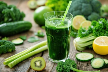 Front view of a drinking glass full of green detox juice with a drinking straw surrounded by various kinds of green fruits and vegetables 