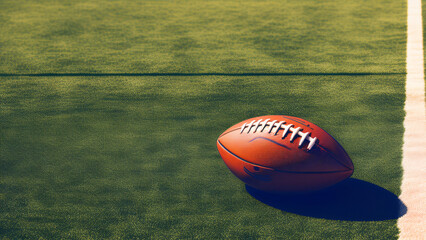 An illustration featuring a brown American football ball resting on grass in the middle of a football field, surrounded by elements related to various sports like basketball, soccer, baseball, and rug