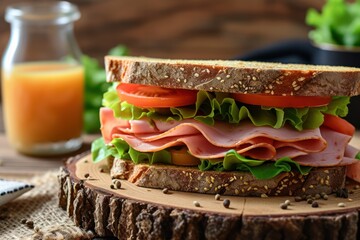 Front view of a sandwich made with ham, tomatoes, lettuce and wholemeal bread. Focus on foreground. 