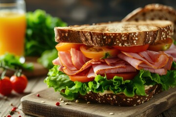 Front view of a sandwich made with ham, tomatoes, lettuce and wholemeal bread. Focus on foreground. 