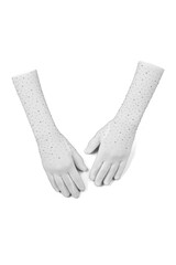 Close-up shot of a white long gloves decorated with rhinestones. A pair of mesh glitter gloves for a party or celebration isolated on a white background. Top view.