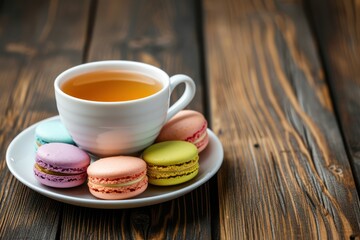 Fototapeta na wymiar Front view of a tea cup with multicolored macaroons on a dark brown wooden table. 