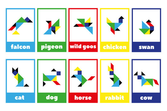 Tangram puzzle for children.A set of educational cards of tangram animals and birds.Colorful geometric collection with isolated objects.Various icons on a white background.Vector illustration.
