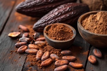 Front view of some cocoa seeds, cocoa powder and cocoa pods on a dark brown wooden plank. 