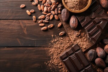 Front view of some cocoa seeds, cocoa powder, cocoa pods and a chocolate bar on a dark brown wooden plank. 
