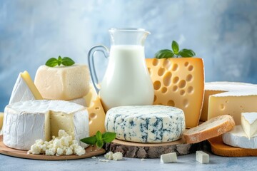 Front view of various kinds of dairy products like a milk jug, yogurt, butter and different types of cheese