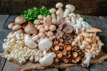 Front view of various kinds of edible mushrooms like champignon, shiitake mushroom, porcini mushroom, oyster mushroom, portobello mushroom, cremini