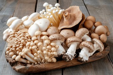 Fototapeta na wymiar Front view of various kinds of edible mushrooms like champignon, shiitake mushroom, porcini mushroom, oyster mushroom, portobello mushroom, cremini
