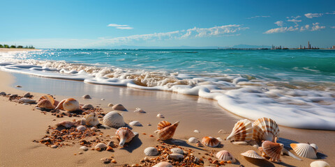 A sandy beach with a wide shore dotted with sea shells, where every step reminds of adventures at
