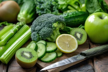 Front view of various kinds of fresh green detox fruits and vegetables 