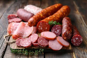 Front view of various kinds of raw sausages like mortadella, bacon, salami, ham and pickled sausages on a delicatessen concept background. 