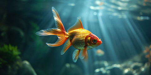 Goldfish swimming in the water, close up view, copy space. Photorealistic nature background with bokeh effect. 