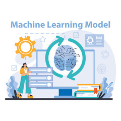 AI Model concept. Visual narrative of a machine learning model with a focus on data processing and neural network efficiency. Flat vector illustration.