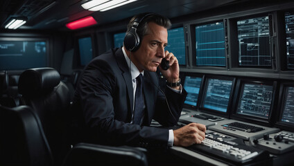 Secret service agent in headphones, listening to phone talks amidst IT equipment. Security, espionage, spy, agent, police, detective, investigation related