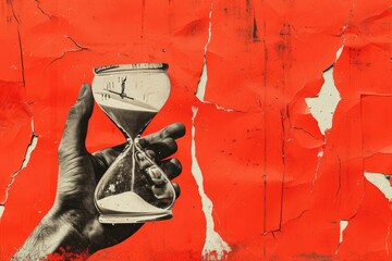 Creative art collage of hand holding sand clock for savings crisis.