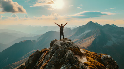 Man standing on top of a mountain with his arms raised - obrazy, fototapety, plakaty