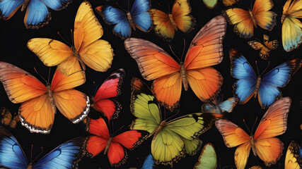 Fototapeta na wymiar multi-colored bright butterflies on a black background