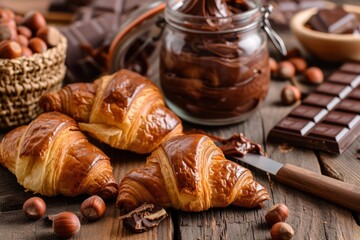 High angle view of some croissants smeared with chocolate and hazelnut spread surrounded by a bread knife, a crystal jar  - Powered by Adobe