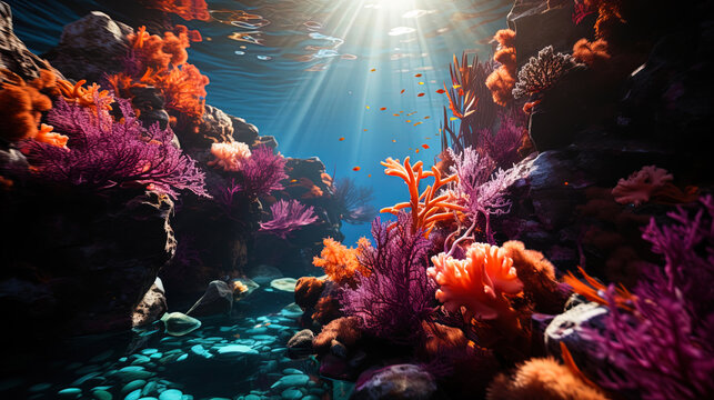 Color corals, like living paintings, decorate the underwater landscape of ocean dep