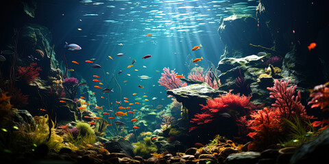Fototapeta na wymiar Dazing underwater beauty, where bright fish and multi colored algae create a magnificent aquariu