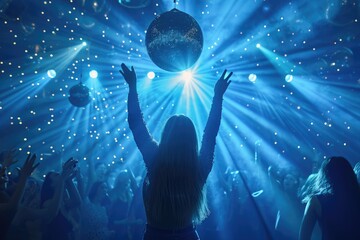 Energetic party poster with active dancers and disco ball - obrazy, fototapety, plakaty