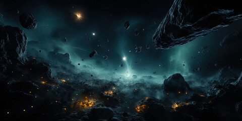Flying through an asteroid field, where cosmic rocks cast shadows to the star - obrazy, fototapety, plakaty