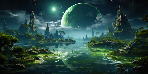 Green planet with bright green waters and nephritis oases, creating an exotic landsc - obrazy, fototapety, plakaty