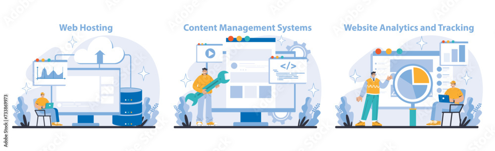 Wall mural internet services set. business and marketing. robust web hosting, versatile content management, and