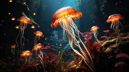 Fototapeta na wymiar Magic underwater: Bright fish and jellyfish create an underwater ballet in the light of the drowni