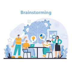 Brainstorming concept. Creative team generating ideas with dynamic discussion and problem-solving. Innovative thinking in business. Flat vector illustration.