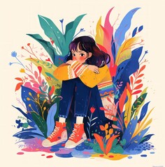 Colorful illustration depicting a young girl hugging her knees amongst vibrant foliage