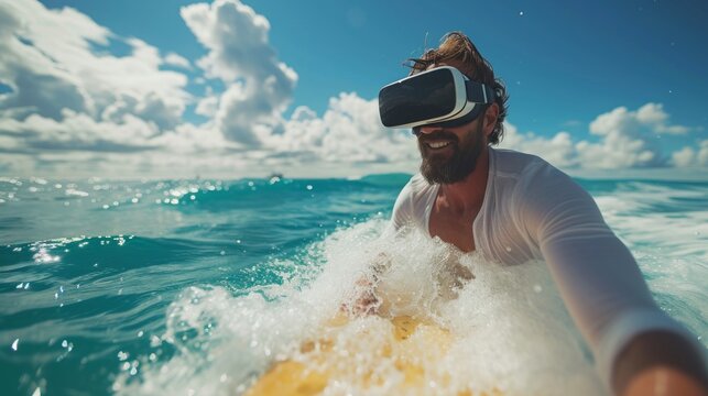Exciting image of a man with beard in a white shirt and vr headset riding the waves on a surfboard - Powered by Adobe