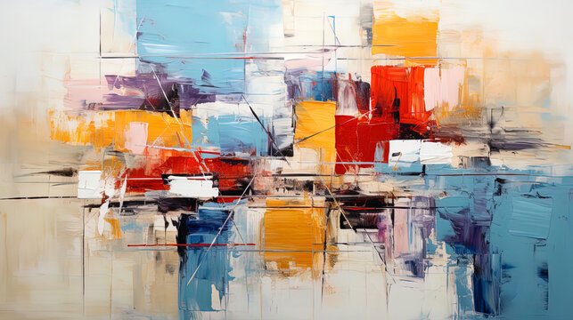 Photo of abstract painting, where texture elements and abstract figures create a complex visual la